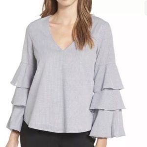 WAYF Micha Ruffle Sleeve Windowpane Top